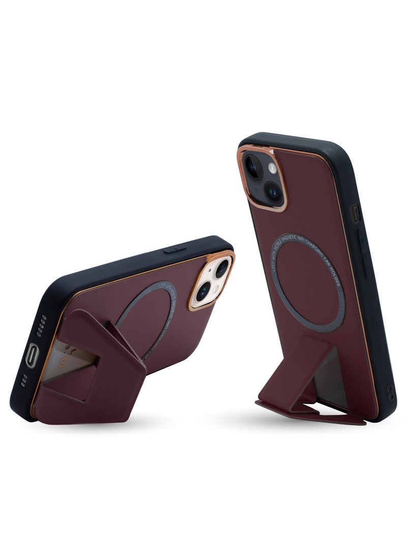 OLYNO - MagnaLux iPhone 14 Plus Luxury Leather Back Case Cover With MagSafe Wireless Charging And Kickstand Purple Color - Image 1