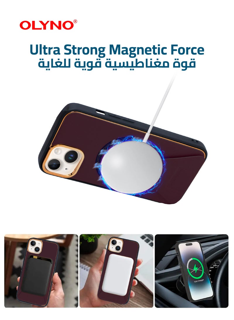 OLYNO - MagnaLux iPhone 14 Plus Luxury Leather Back Case Cover With MagSafe Wireless Charging And Kickstand Purple Color - Image 1