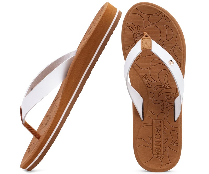 ONCAI Womens Flip Flops for Women Arch Support Yoga Mat Summer Beach Leather Woman Dressy Thong Sandal for Women 2026 with Plantar Fasciitis Walking Ladies Thong Sandal Outdoor White/Khaki Size 10 - Image 1