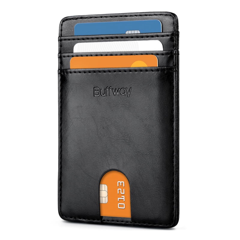 Buffway محفظة بوفواي للرجال نحيفة، حامل بطاقات ائتمان جلدية رقيقة للم pocket مع حجب RFID للسفر والعمل - أسود سياتل - Image 1