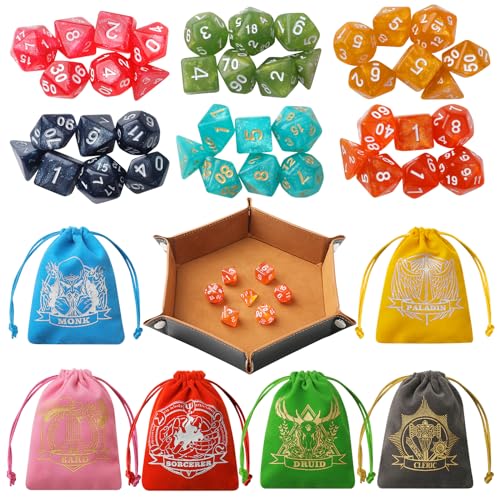 Grajar DD Dice Set with Characters Pattern Dice Pouches 42 Pcs polyhedral dice Set PU Leather and Velvet dice Tray for Dungeons and Dragons DD RPG MTG Table Games Nebula - Image 1