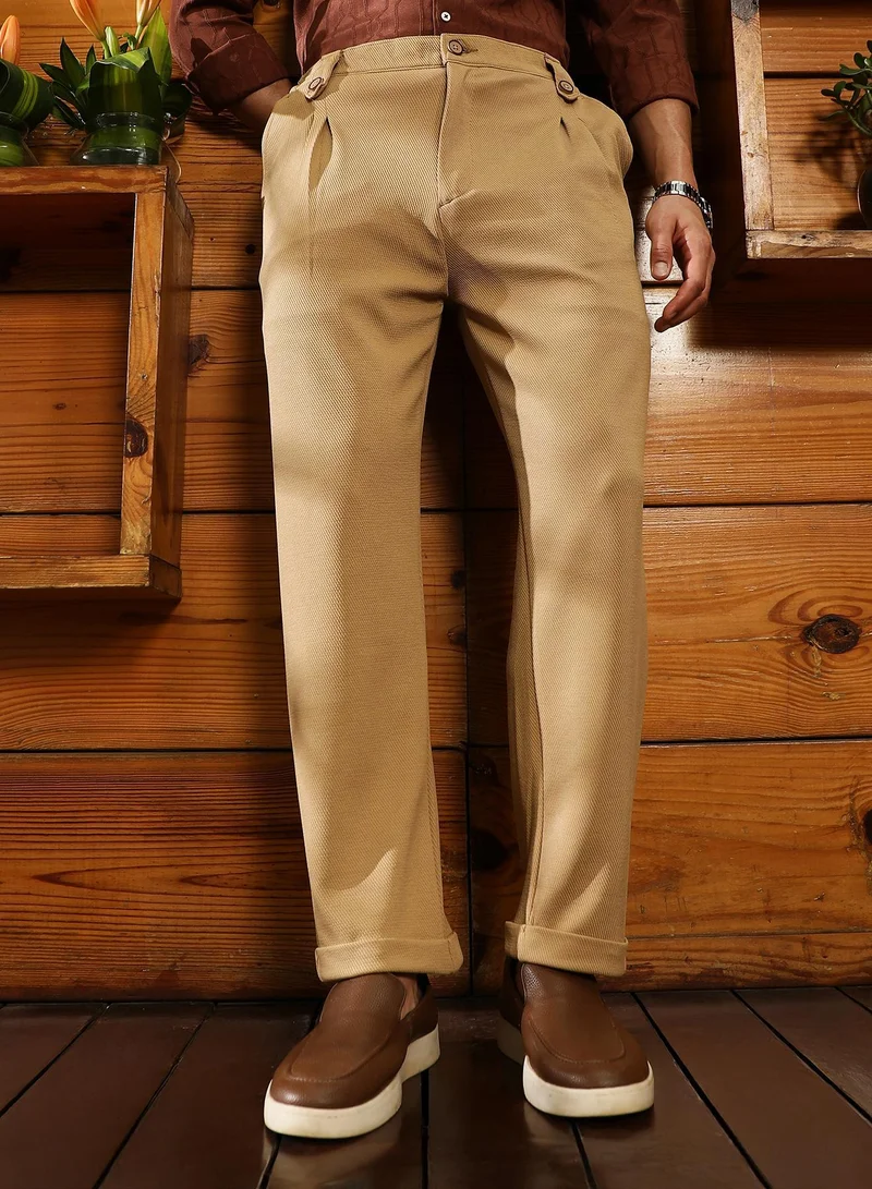 Campus Sutra Men's Khaki Beige Twill-Pleated Trousers | Mid-Rise , Cuffed Hem , Button Closure | Solid Twill | Polyester Blend Trousers For Casual Wear