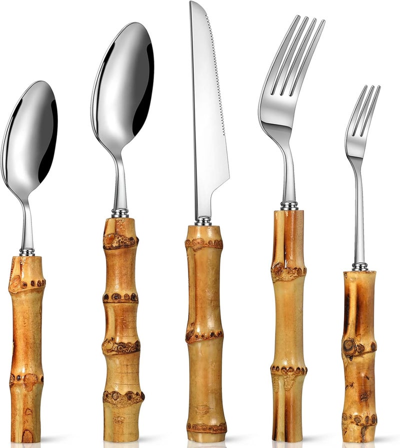 Eboot Bamboo Silverware Set 188 Stainless Steel Tableware Set Natural Utensil Flatware Kit Spoon Fork Knives Bamboo Handle Cutlery for Kitchen Wedding Home Restaurant PartySilver30 Pieces - Image 1
