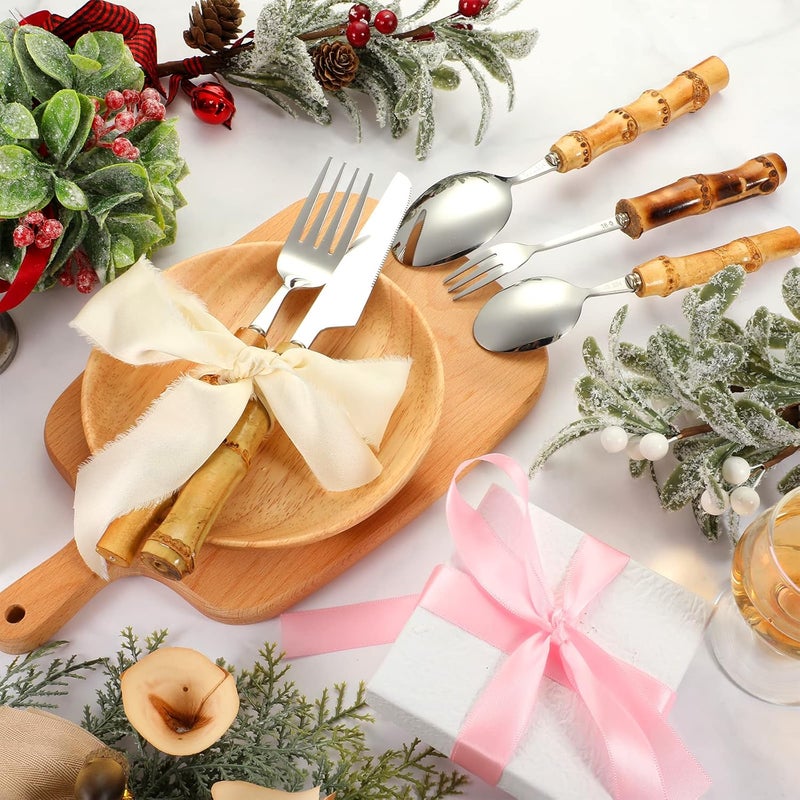Eboot Bamboo Silverware Set 188 Stainless Steel Tableware Set Natural Utensil Flatware Kit Spoon Fork Knives Bamboo Handle Cutlery for Kitchen Wedding Home Restaurant PartySilver30 Pieces - Image 3