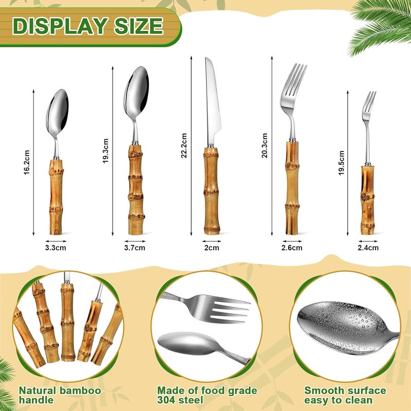 Eboot Bamboo Silverware Set 188 Stainless Steel Tableware Set Natural Utensil Flatware Kit Spoon Fork Knives Bamboo Handle Cutlery for Kitchen Wedding Home Restaurant PartySilver30 Pieces - Image 2