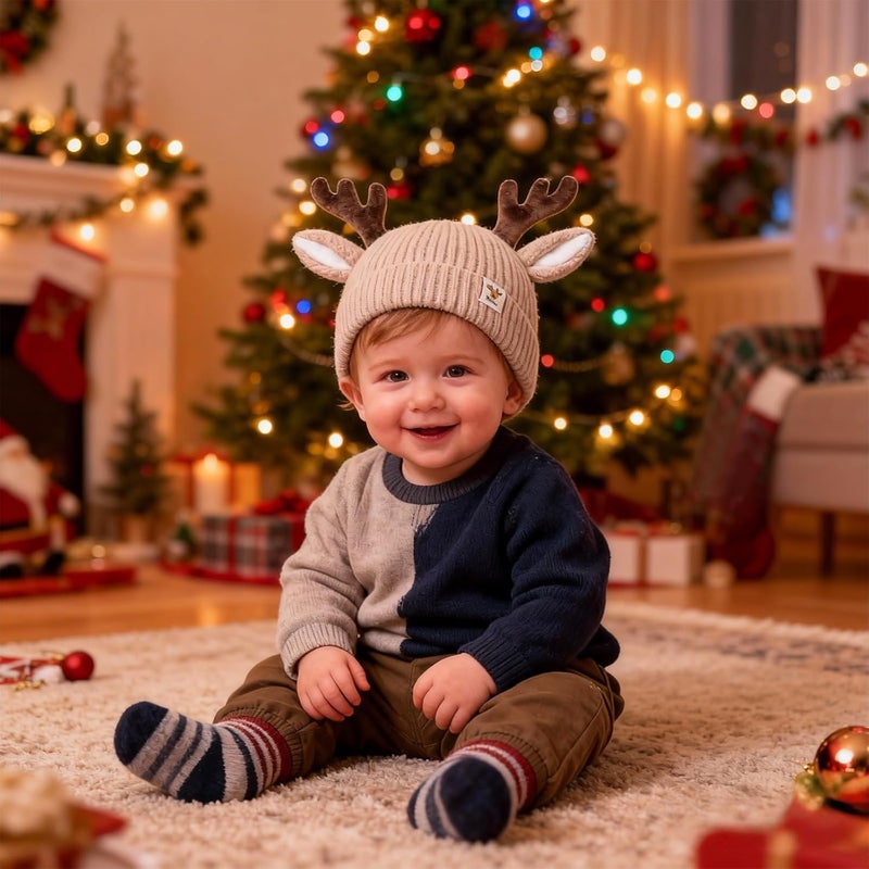 leomoste Baby Beanie Hat Cute Antlers Reindeer Crochet Knitted Hat Winter Warm Cap for Toddler Boys Girls - Image 2