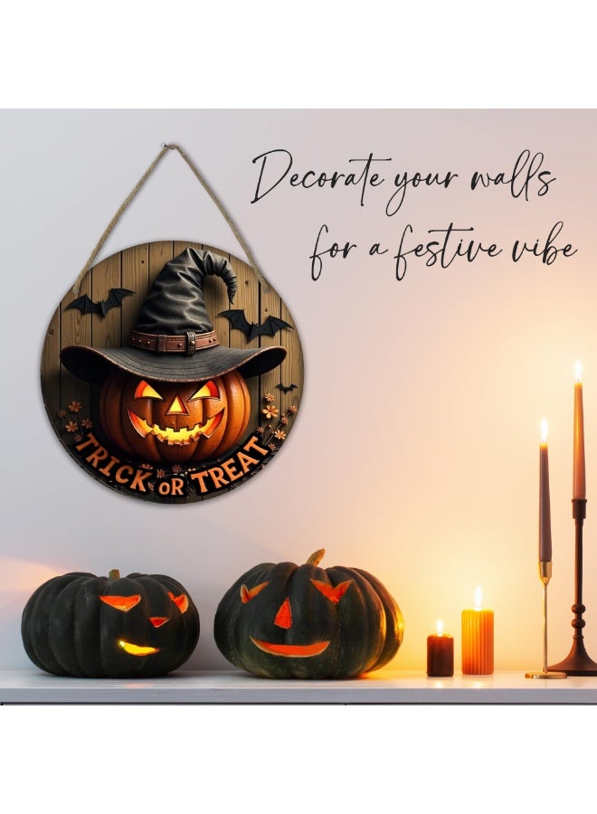 xppier 10"Halloween Hanging Sign Decorations - Trick Or Treat - Spooky Pumpkin Halloween Wooden Door Hanger Sign for Window Wall Indoor Home Decor Party Decoration Supplies - Image 2