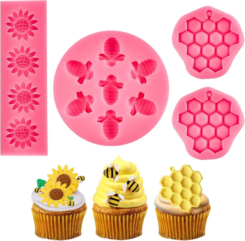 Ocmoiy 4 Pieces Bumble Bee Silicone Mold Honeycomb Sunflower and Bee Fondant Molds for Cupcake Cake Decorating Sugar Chocolate Candy Baking Mold - Image 1