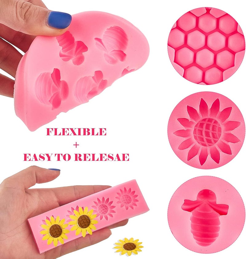 Ocmoiy 4 Pieces Bumble Bee Silicone Mold Honeycomb Sunflower and Bee Fondant Molds for Cupcake Cake Decorating Sugar Chocolate Candy Baking Mold - Image 3