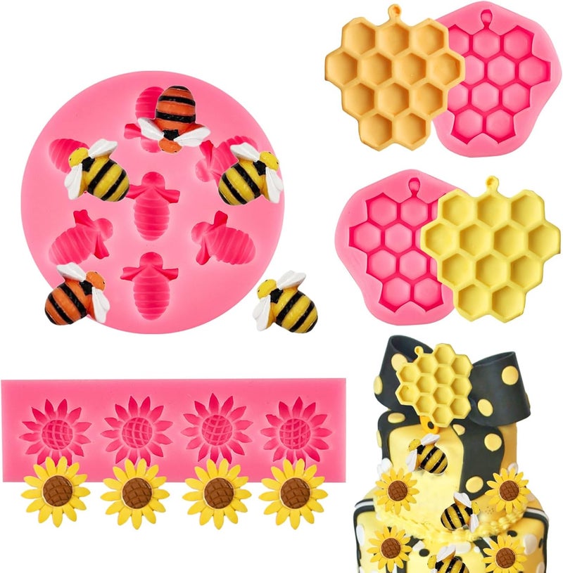 Ocmoiy 4 Pieces Bumble Bee Silicone Mold Honeycomb Sunflower and Bee Fondant Molds for Cupcake Cake Decorating Sugar Chocolate Candy Baking Mold - Image 4