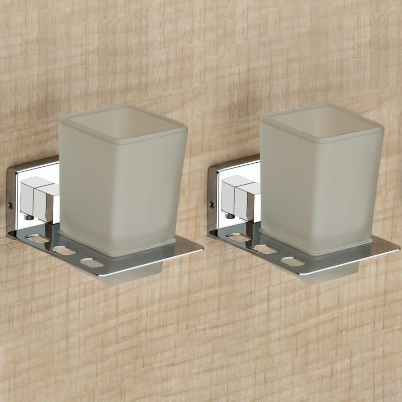 iSTAR Stainless Steel Wall Mounted Glass Tumbler with Square Holder | Durable Toothbrush Toothpaste Stand Bathroom Accessories for Wash Basin, Washroom, Hotels and Home (Chrome Finish, Pack of 2)