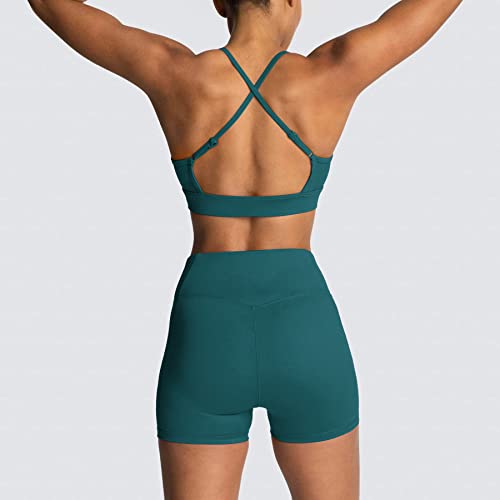 IWEMEK Workout Sets for Women 2 Piece Adjustable Cross Back Sport with High Waist Biker Shorts Exercise Gym Yoga Outfits Dark Green Small - Image 3