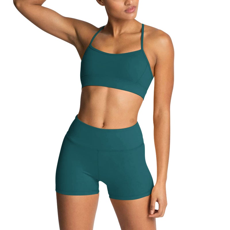 IWEMEK Workout Sets for Women 2 Piece Adjustable Cross Back Sport with High Waist Biker Shorts Exercise Gym Yoga Outfits Dark Green Small - Image 2
