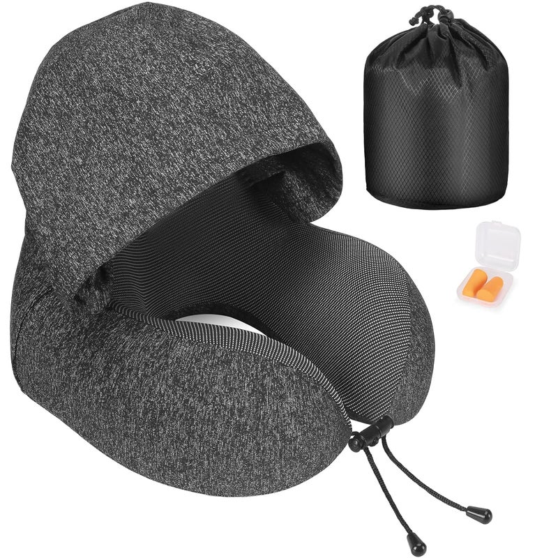 Waqif waqif Memory Foam Pillow for Travel with Hood, Adult Airplane Portable Pillow for Head Rest Neck Support, Office Cars Trains Long Flights Sleeping (Deep Grey) - Image 1