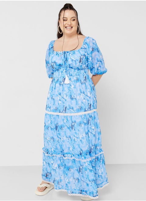 Printed Tie Neck Fit & Flare Dress
