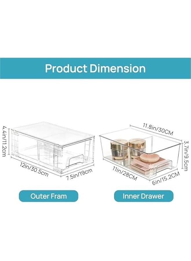 Beauenty 4 Pack Stackable Storage Drawers,Clear Acrylic Drawer Organizers with Handles, Easily Assemble for Fridge, Bathroom,Kitchen Undersink,Cabinet,Pantry Organization and Storage - Image 3