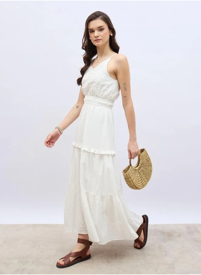 Styli Styli Schiffli Strappy Tiered Maxi Dress with Ruffle Trim