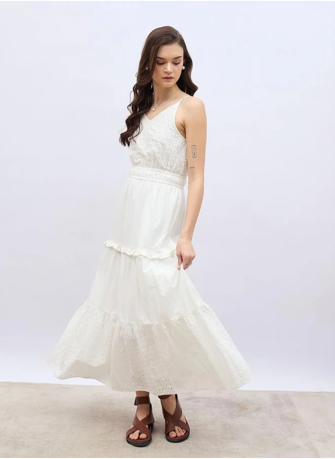 Styli Styli Schiffli Strappy Tiered Maxi Dress with Ruffle Trim