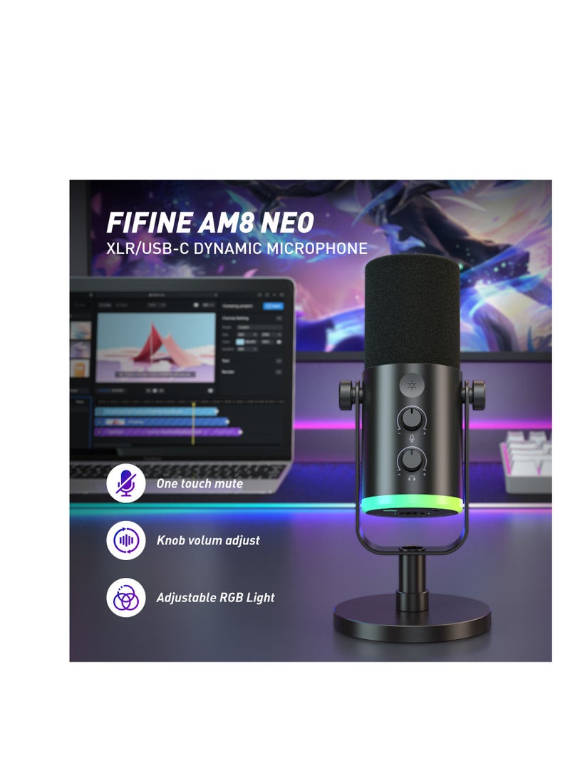 فيفين - مايكروفون FIFINE AM8 NEO الديناميكي XLR/USB-C مع إضاءة RGB ومراقبة فورية - Image 1