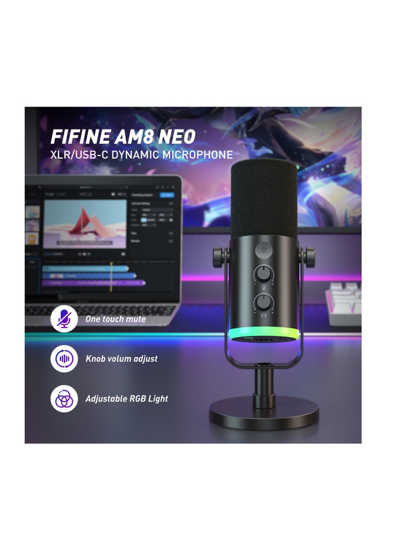 فيفين - مايكروفون FIFINE AM8 NEO الديناميكي XLR/USB-C مع إضاءة RGB ومراقبة فورية - Image 1