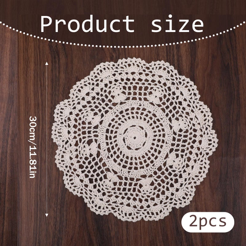 Zyghjort Crochet Doilies, 2 Pcs 11.8 Inch Round Cotton Doilies for Tables Vintage Handmade Lace Placemats Knitted Tablecloth for Home Kitchen Dining Room Wedding Party Decoration (Beige) - Image 2