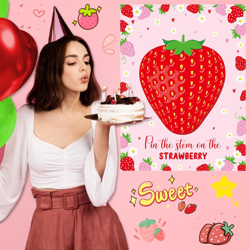 Faccito Strawberry Game Set Pin The Stem On The Strawberry Include Large Poster Blindfold 24 Stickers Berry First Birthday Party Games For Sweet Berry Birthday Party Decorations Activities Supplies - Image 5