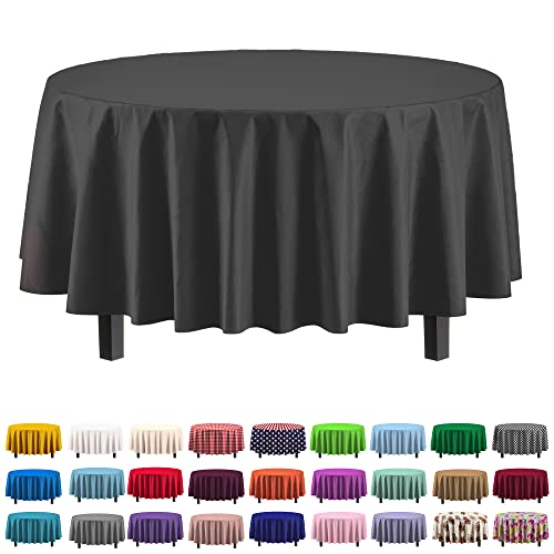 Party Solids 6-Pack Premium Plastic Tablecloth 84in. Round Plastic Table Cover - Black - Image 1