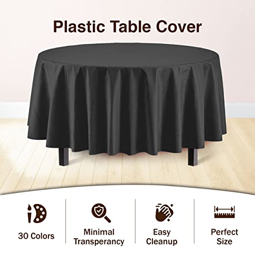 Party Solids 6-Pack Premium Plastic Tablecloth 84in. Round Plastic Table Cover - Black - Image 3