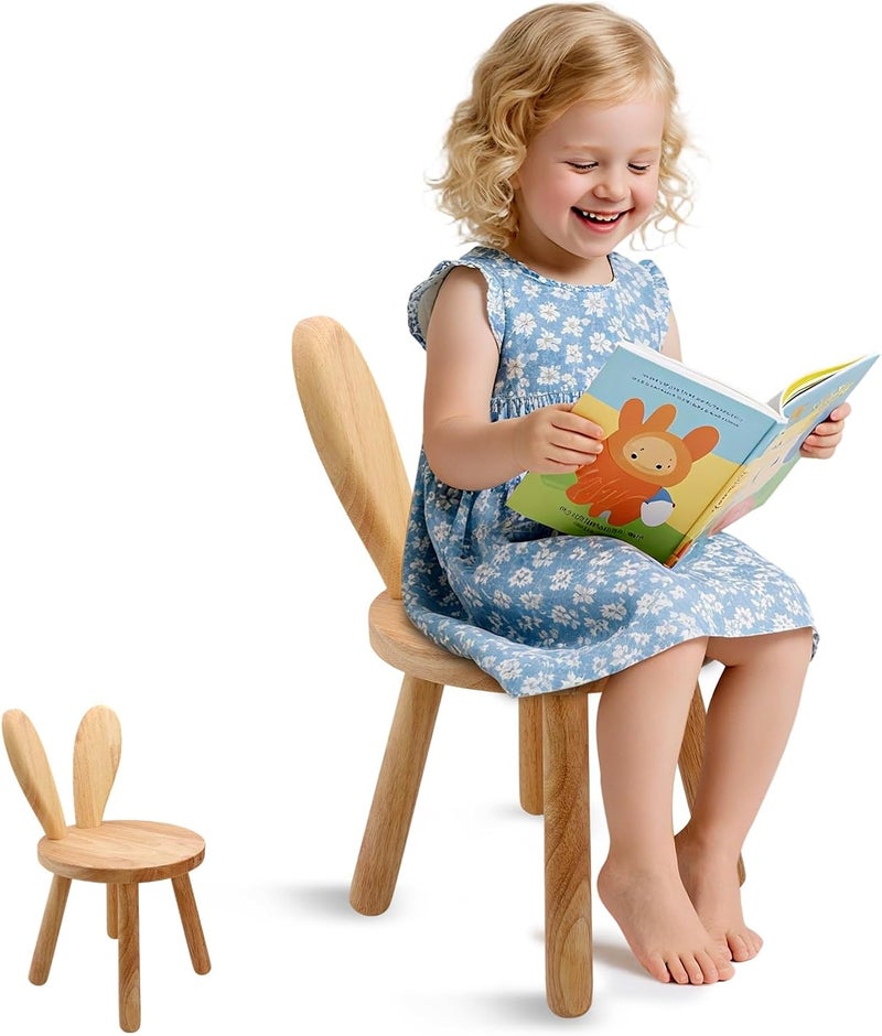 DoFanXinYe Wooden Step Stool for Toddlers, 2-in-1 Kids Chair & Desk Seat, Solid Rubberwood Bunny Ears Backrest, Wood Wax Oil Finish, CPC Certified Sturdy Seating for Playroom Classroom Nursery, Natural（1 Pack） - Image 1
