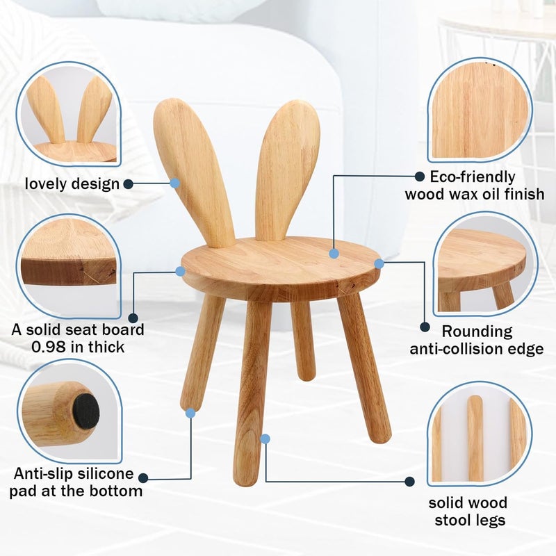 DoFanXinYe Wooden Step Stool for Toddlers, 2-in-1 Kids Chair & Desk Seat, Solid Rubberwood Bunny Ears Backrest, Wood Wax Oil Finish, CPC Certified Sturdy Seating for Playroom Classroom Nursery, Natural（1 Pack） - Image 4