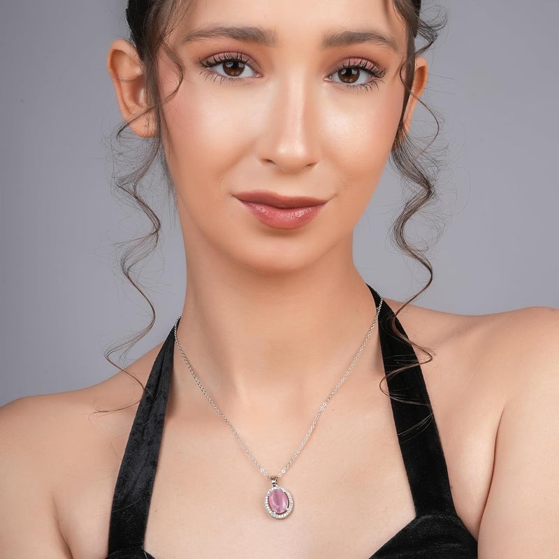 STYOLLO Pendant Necklace Silver For Women & Girls with Oval Crystal & American Diamonds | Traditional Women's Jewellery | Stylish Girls' Chains & Necklaces, Birthday, Gift- Set of 1 - Image 3