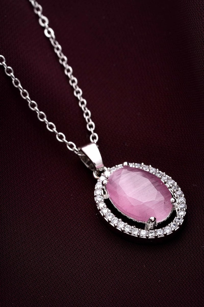 STYOLLO Pendant Necklace Silver For Women & Girls with Oval Crystal & American Diamonds | Traditional Women's Jewellery | Stylish Girls' Chains & Necklaces, Birthday, Gift- Set of 1 - Image 2