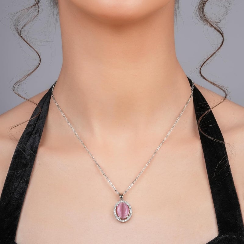 STYOLLO Pendant Necklace Silver For Women & Girls with Oval Crystal & American Diamonds | Traditional Women's Jewellery | Stylish Girls' Chains & Necklaces, Birthday, Gift- Set of 1 - Image 4