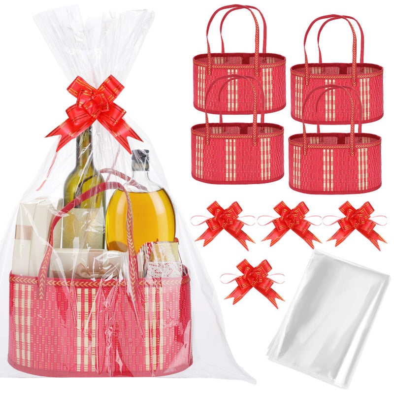 Madholly Bamboo Woven Baskets For Gifts Empty - 4 Set Foldable Sturdy Gift Basket Kit For Wrapping With Handle Cellophane Wrap Pull Bows  For Christmas Thanksgiving Housewarming Birthday Baby Shower - Image 1