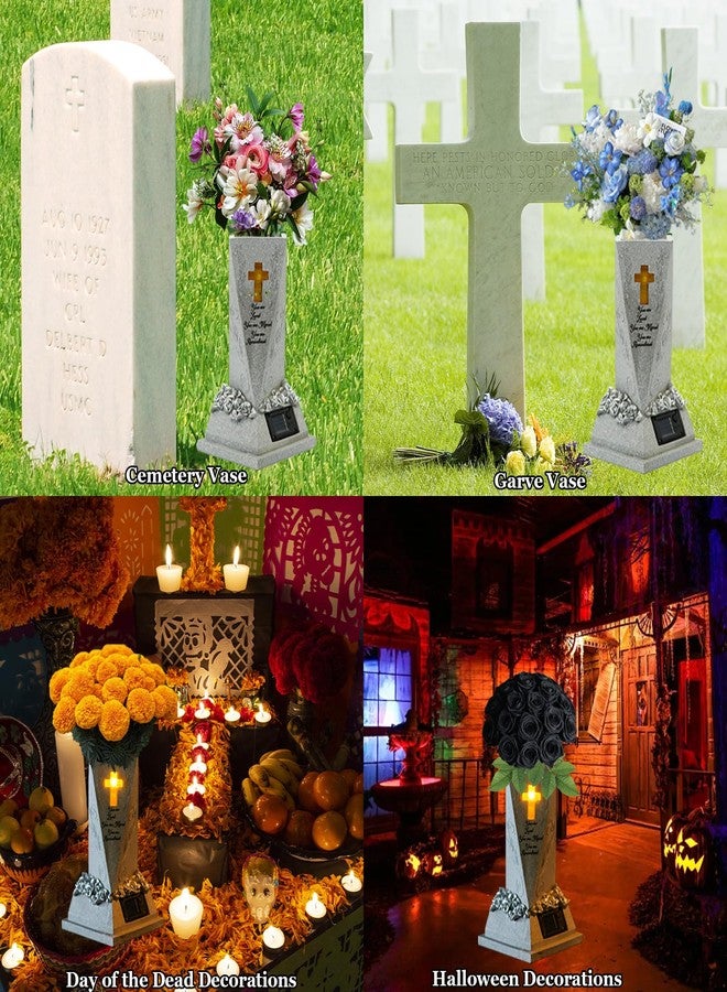AVEKI Solar Cemetery Vases for Grave 9 inch Resin Flower Holder Outdoor Vases with Drain Hole & Cruciform Solar Light Gave Decorations for Cemetery Headstone Tomb Day of The Dead Memorial Gifts (Vase) - Image 5