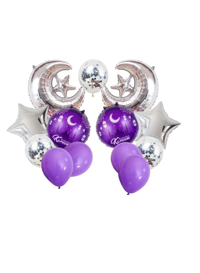 مجموعة بالونات رمضان كريم، بالونات فويل بنفسجية وفضية على شكل هلال ونجمة مع قصاصات ورقية من اللاتكس، زينة حفلات إسلامية للمنزل - Image 5