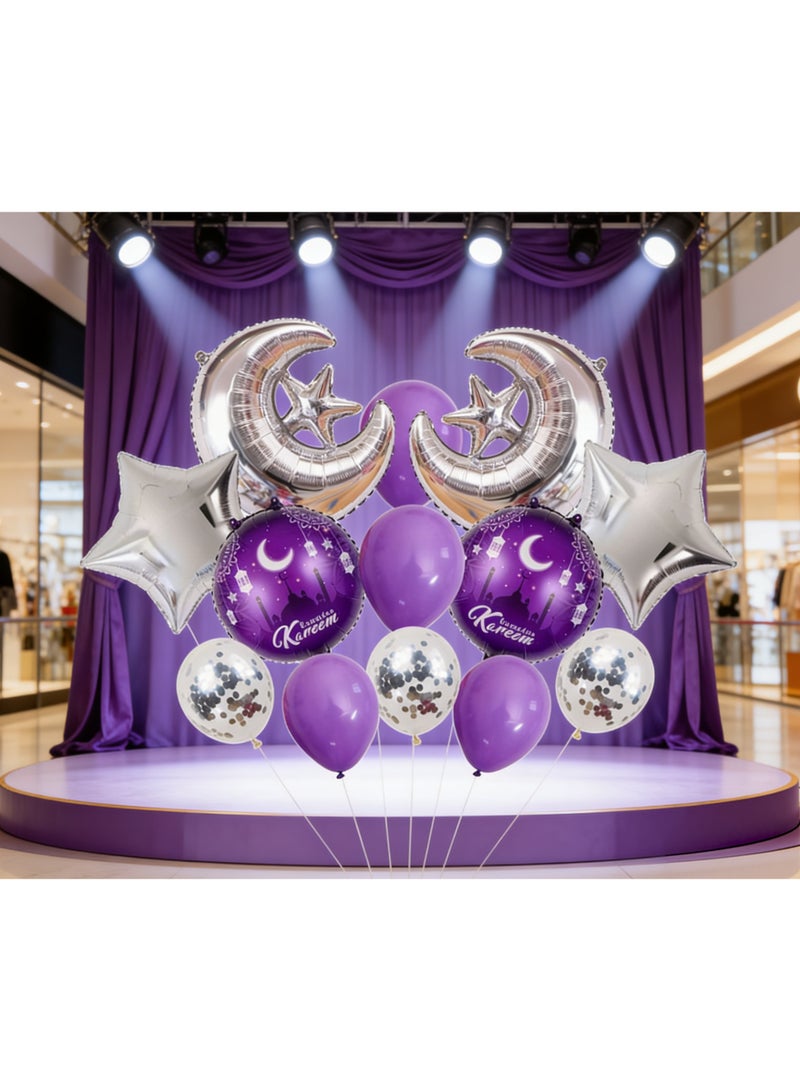 مجموعة بالونات رمضان كريم، بالونات فويل بنفسجية وفضية على شكل هلال ونجمة مع قصاصات ورقية من اللاتكس، زينة حفلات إسلامية للمنزل - Image 3