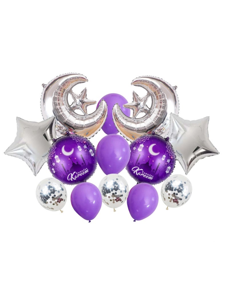 مجموعة بالونات رمضان كريم، بالونات فويل بنفسجية وفضية على شكل هلال ونجمة مع قصاصات ورقية من اللاتكس، زينة حفلات إسلامية للمنزل - Image 1