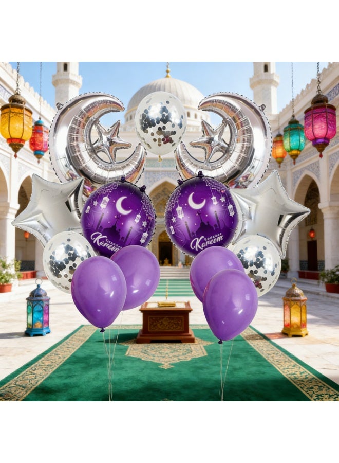 مجموعة بالونات رمضان كريم، بالونات فويل بنفسجية وفضية على شكل هلال ونجمة مع قصاصات ورقية من اللاتكس، زينة حفلات إسلامية للمنزل - Image 2
