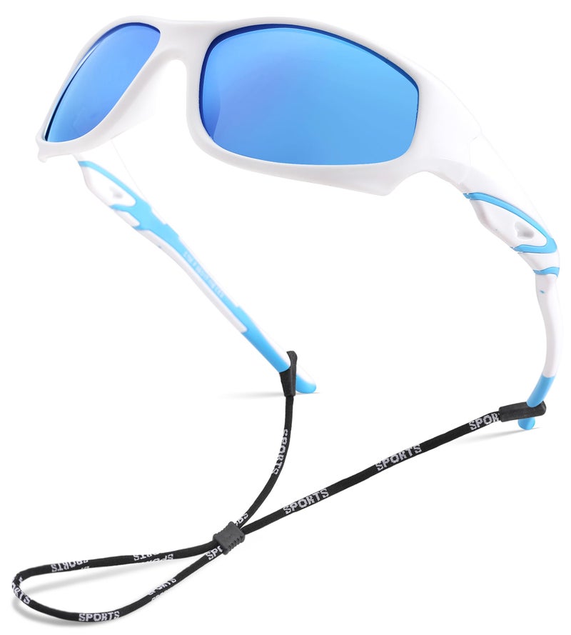 NULOOQ Kids Baseball Polarized Sunglasses – Unbreakable Flexible Youth Sports Sunglasses for Boys Girls Age 4-12 (Matte White Frame/Blue Mirrored Lens) - Image 1