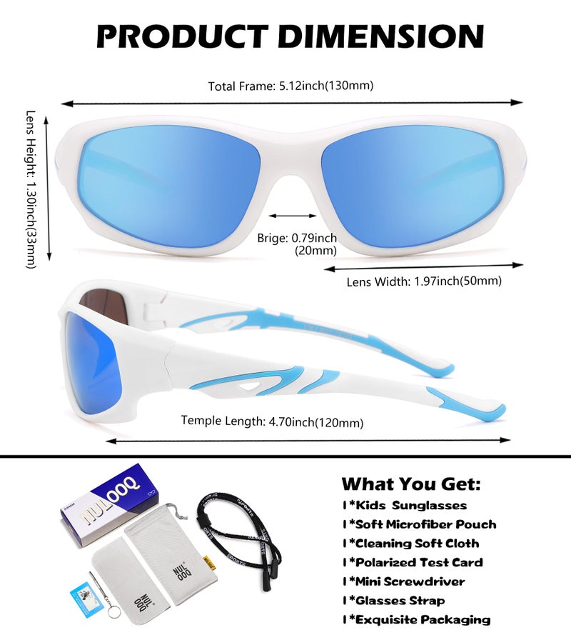 NULOOQ Kids Baseball Polarized Sunglasses – Unbreakable Flexible Youth Sports Sunglasses for Boys Girls Age 4-12 (Matte White Frame/Blue Mirrored Lens) - Image 3