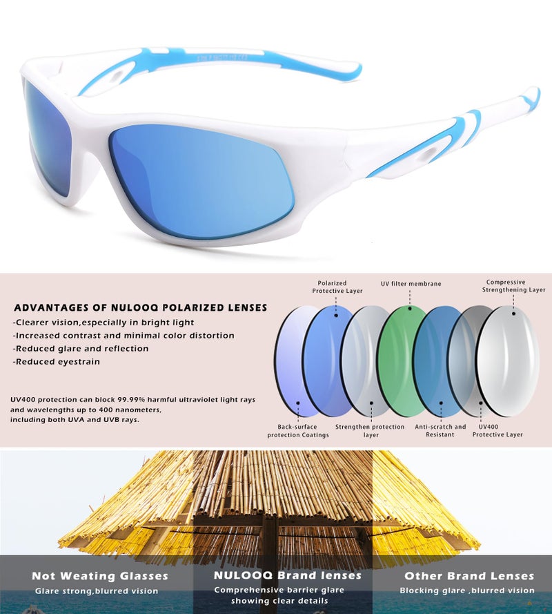 NULOOQ Kids Baseball Polarized Sunglasses – Unbreakable Flexible Youth Sports Sunglasses for Boys Girls Age 4-12 (Matte White Frame/Blue Mirrored Lens) - Image 5