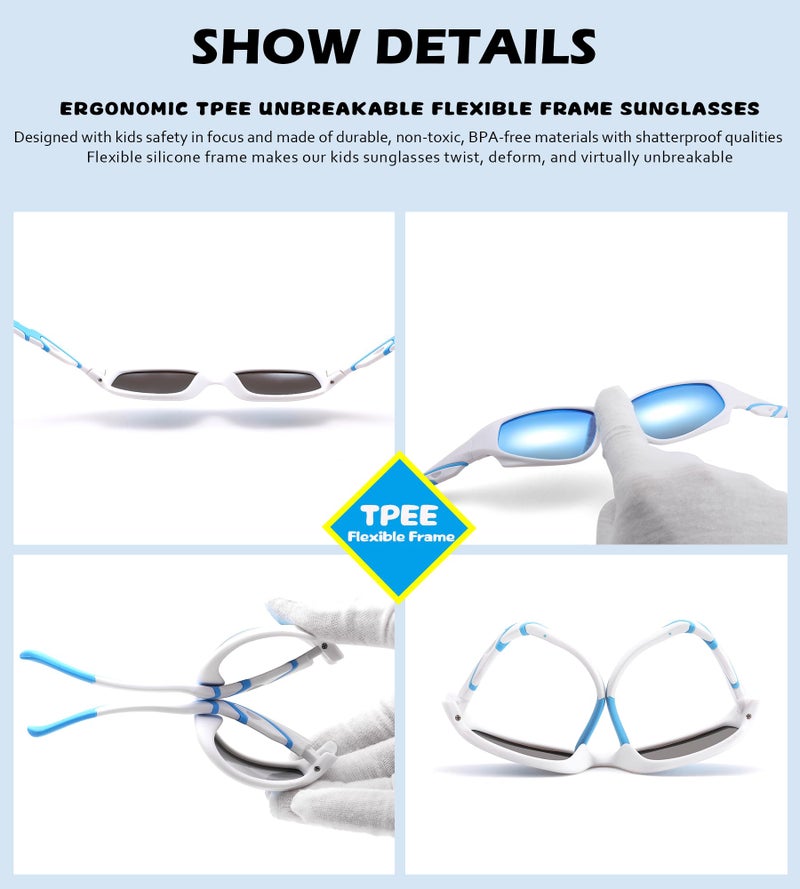 NULOOQ Kids Baseball Polarized Sunglasses – Unbreakable Flexible Youth Sports Sunglasses for Boys Girls Age 4-12 (Matte White Frame/Blue Mirrored Lens) - Image 4
