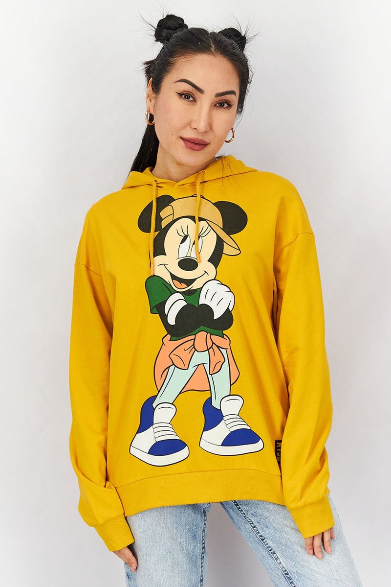 DIFUZED Women Hooded Drawstring Graphic Print Sweatshirt, Yellow - Image 1