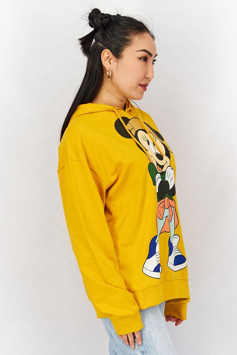 DIFUZED Women Hooded Drawstring Graphic Print Sweatshirt, Yellow - Image 3