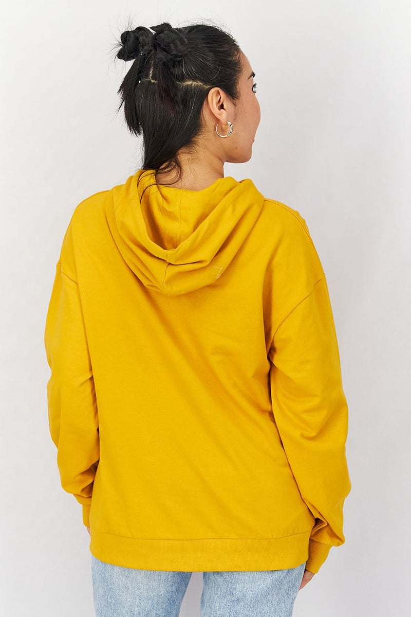 DIFUZED Women Hooded Drawstring Graphic Print Sweatshirt, Yellow - Image 2