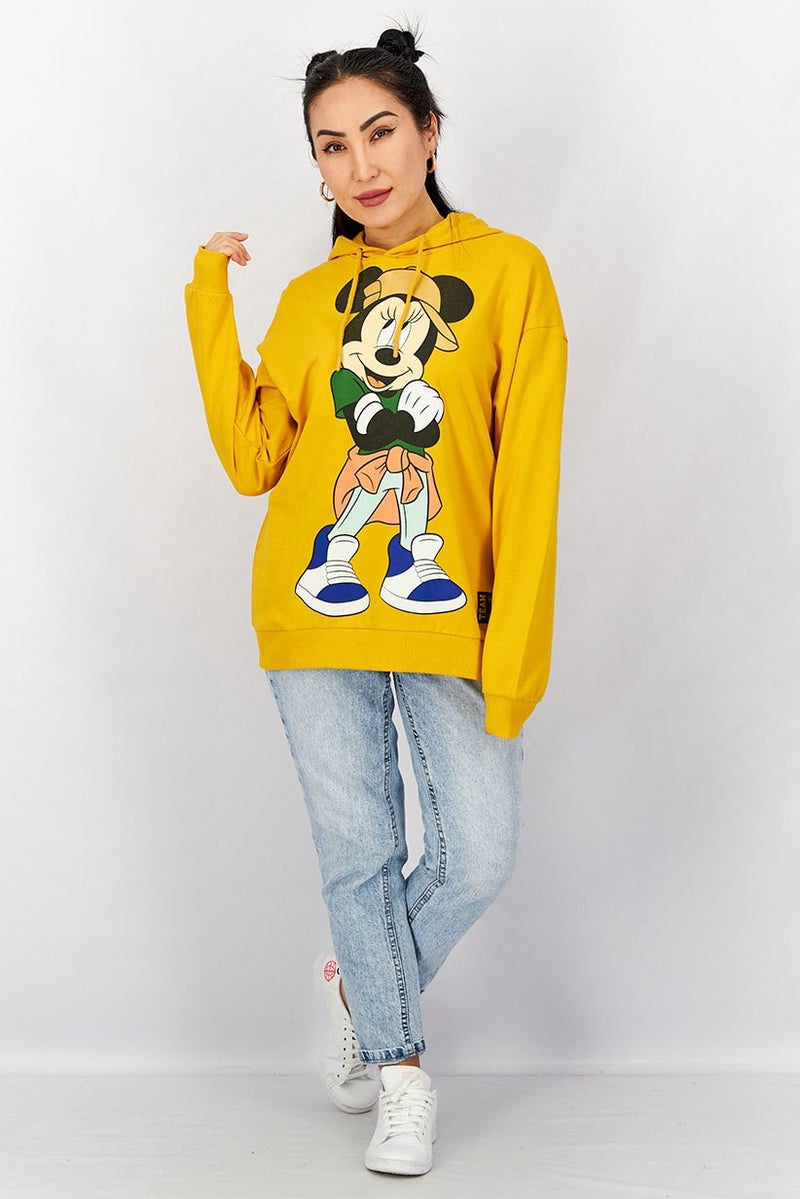 DIFUZED Women Hooded Drawstring Graphic Print Sweatshirt, Yellow - Image 4