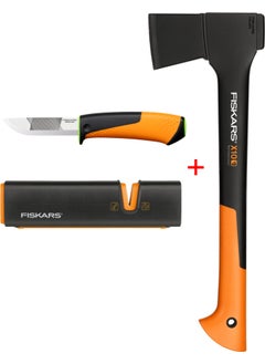 Fiskars Chopping Axe S-X10 + Heavy Duty Knife with Sharpener + Axe and Knife Sharpener 