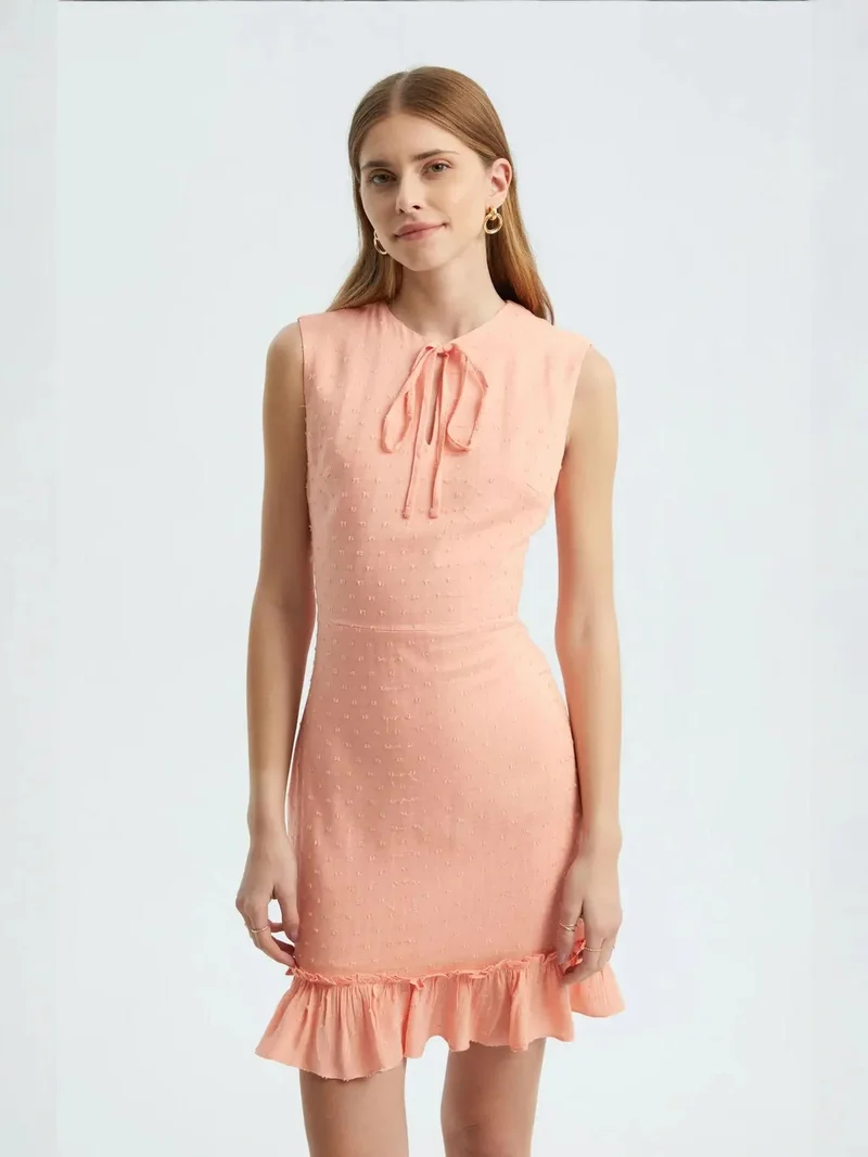 HICCUP Round Neck Drawstring Ruffle Sleeveless Mini Dress