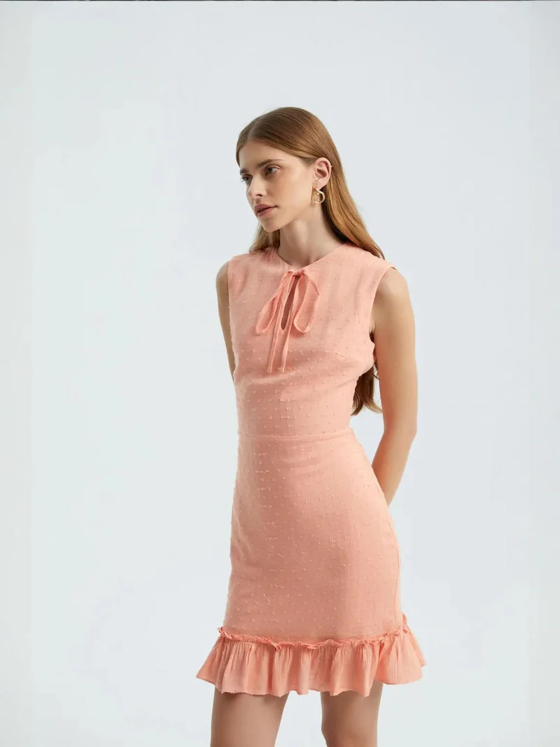 HICCUP Round Neck Drawstring Ruffle Sleeveless Mini Dress